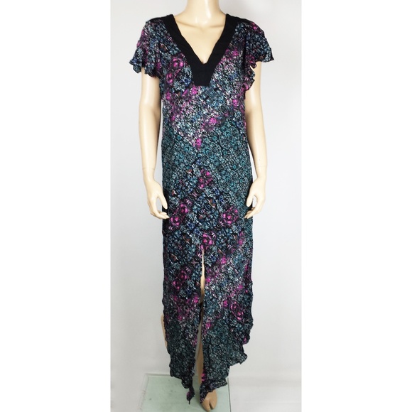 Maxi Dress Floral Full Long Black Blue - Picture 1 of 3